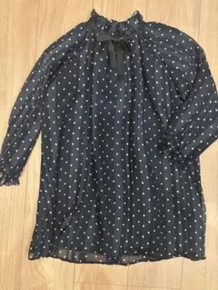 ネイビー ドット柄 ワンピース 七分袖