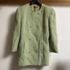 ライトグリーン ノーカラーダブルブレストジャケット カシミア入り