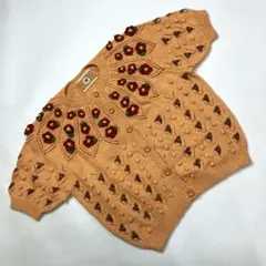 ピンクハウス オレンジ 花モチーフ使い 胸ヨーク 半袖ニットカーディガン