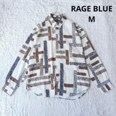 【RAGEBLUE】 柄シャツ　長袖　幾何学模様 アイボリー/茶　メンズ　M