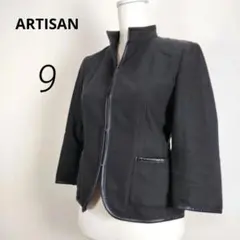 b6014【アルチザン】7分袖 綿 ジャケット 黒 M スタンドカラー 牛革