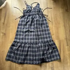 キャミワンピース ネイビー系チェック フリル裾