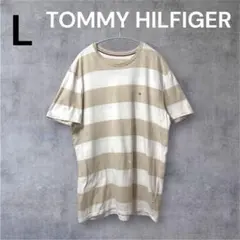 TOMMYHILFIGER 白 ベージュ 太ボーダー L Tシャツ ワンポイントのサムネイル