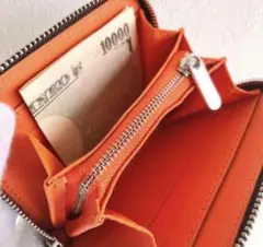 カーボンレザー コンパクト財布 ミニ財布 ラウンドジップ 黒×オレンジ