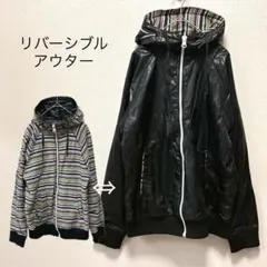 メンズナイロンジャケット F 黒　マルチカラーリバーシブル フーデット　光沢