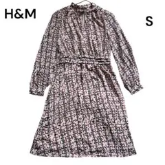 H&M総柄ベージュ膝丈ワンピースSサイズ