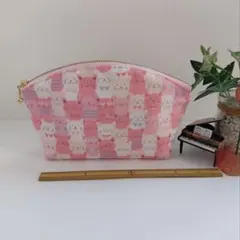 シェルポーチ　ネコいっぱい　ピンク　ファスナーポーチ　ハンドメイド