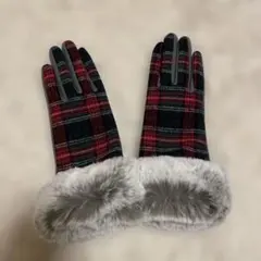 チェック柄ファー付き手袋