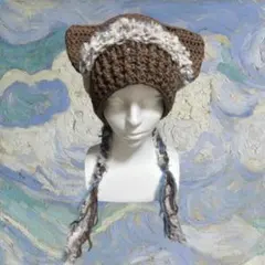 ハンドメイド 猫耳ニット帽 ブラウン ファー付き ふわふわ Y2K 韓国風