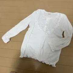 ホワイト 長袖カットソー フリル付き