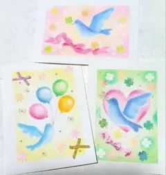 パステルアート3枚おまとめ　青い鳥　クローバー　ハート　花　風船　パステル画原画