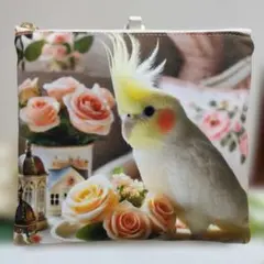 オカメインコとバラのポーチ
