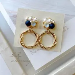 【 303 】ビジュー ネイビーパール ゴールド ピアスorイヤリング