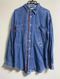 値下げ中TOMMY JEANS デニムシャツL ロゴテープ ビッグポケットY2K