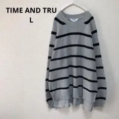 【TIME AND TRU】グレーと黒のストライプ ニット セーター【L】