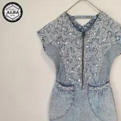 【美品】デニムワンピース　刺繍　ラインストーン　パールビーズ　ジップアップ　青