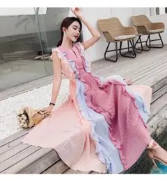 ノースリーブ フリル 人気 イブニングドレス プリーツ 春夏物