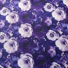 1㍍長　立体視感3D紫調薔薇柄の綿シーチングプリント生地ハギレ布