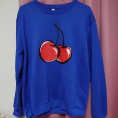 青色 チェリープリント クルーネック スウェット