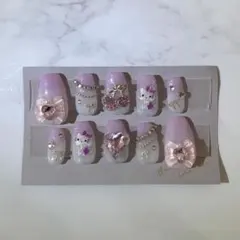 現品　ネイルチップ　キティ　キラキラ　推し活　リボン　グラデ　紫　ガーリー　韓国