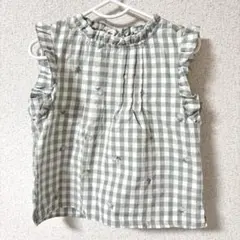 juo ギンガムチェック 花柄刺繍 フリル ノースリーブ ブラウスのサムネイル