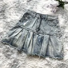 SHEIN フリルデザイン　ダメージデニムミニスカート　おしゃれ　かわいい