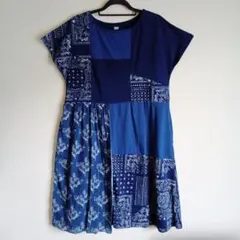 ダークブルー パッチワーク フレンチスリーブワンピース