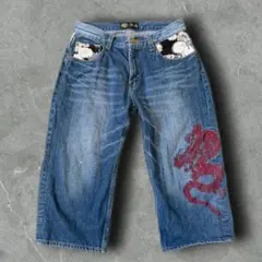 和柄　デニム　龍　刺繍　花　ヒゲ　2way 雅結　ジーンズ　ハーフ　ショート