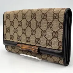 希少✨バンブー　GUCCI GG長財布 キャンバス　ベージュ　レザー　二つ折り