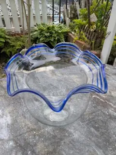 大正昭和レトロ フリル 波形 気泡 金魚鉢 吹きガラス グリーン 大型