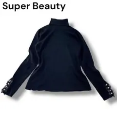 スーパービューティー 袖リボン レース タートルネック リブニット 黒 XL相当