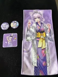 【ホロライブ⭐︎猫又おかゆ】極楽湯コラボ　缶バッチ✕2＆コースター&マフラータオル