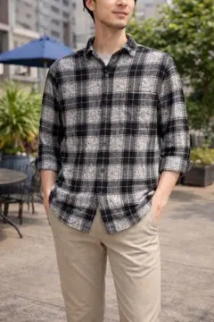 DIESEL ディーゼル 七分袖チェックシャツ レーヨン 総柄 モノトーン