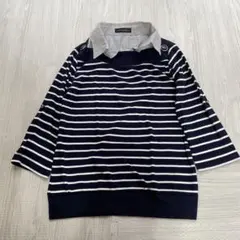 重ね着風 カットソー チュニック ボーダー　ネイビー 長袖 七分袖 レディース