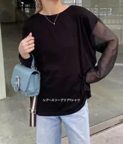 シアー素材　長袖Tシャツ ブラック