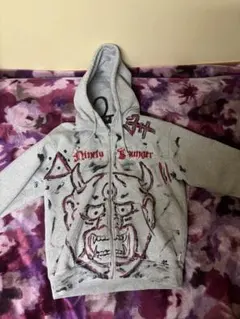 グレー フルジッパーパーカー 手描き風アート　リメイクパーカー