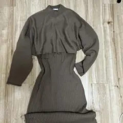 ブラウンリブニットワンピース（長袖・Vネック）