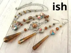 【C097】ishインプレッションハート・猫目石オーバルネックレス＆ピアス