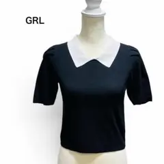 美品 GRL 白襟配色ニットトップス 半袖 M 黒