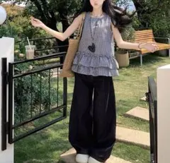 チュニック ギンガムチェック フリル ノースリーブ