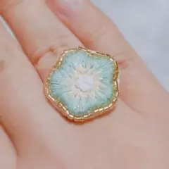 ハンドメイド ミントグリーン　レトロお花モチーフ　ビーズ刺繍　リング　指輪