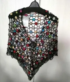 レデース三角ストール　かぎ針編み　カラフルな花模様のレース編みストール