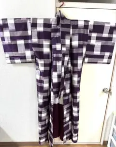 値下げ⭐︎紫と白のチェック柄カジュアル着物　レトロモダン