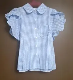 水色 ギンガムチェック フリル袖 シャツ S/M
