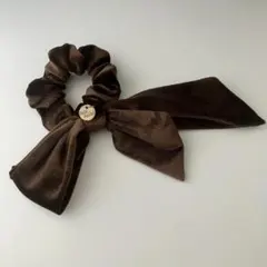冬物セール シュシュ リボン ベロア調 シンプル ブラウン 秋冬
