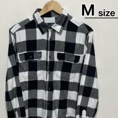 USA古着　フランネルシャツ　M　ブロックチェック　ブラック　ホワイト　白黒