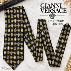未使用級 GIANNI VERSACE ネクタイ メデューサ 総柄 黒金 シルク