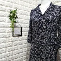 グラシア【M】レディース シャツロングワンピース レトロ 花柄 ネイビー