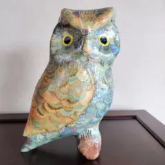 九谷焼 フクロウの置物 陶三九谷落款 高さ17cm 伝統工芸 縁起物 中古美
