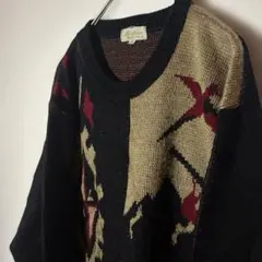 【個性派古着】幾何学模様 クルーネックニット　希少　ベージュ　ブラウン系　M